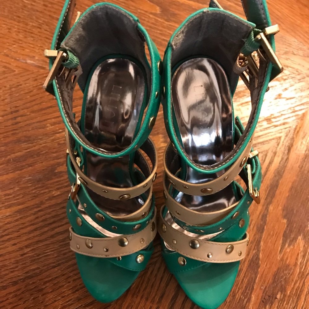 Gorgeous Tan, Teal & Gold Studded Double Ankle Strap High Heels! - Picture 13 of 16
